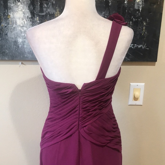 DAVID'S BRIDAL Burgundy Floral Detail One Shoulder Pleated Bodice Maxi Dress-2 - Picture 7 of 13